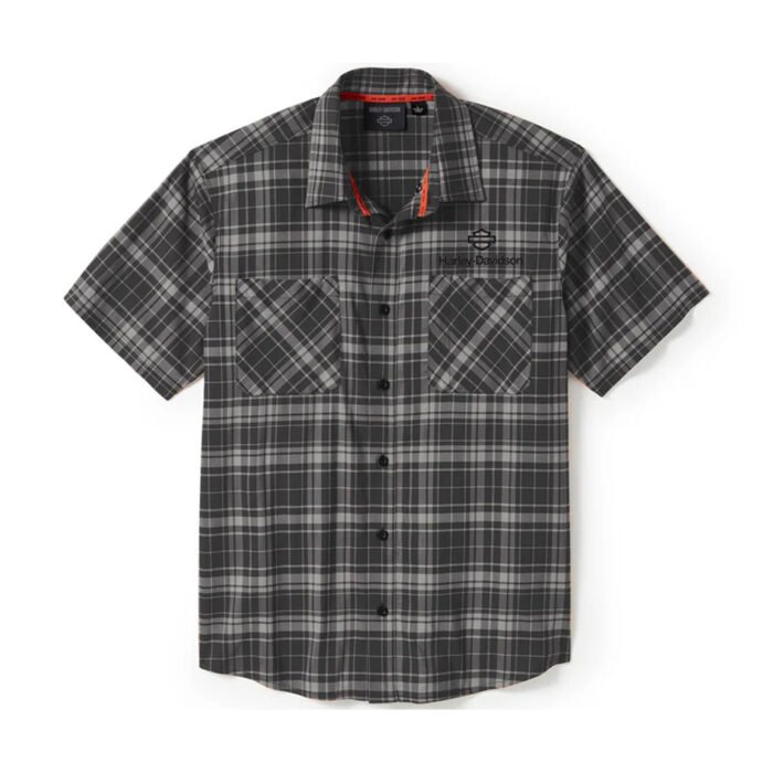 Harley-Davidson Men's H-D TECH Coolmax Button-Up Short Sleeve Shirt, Gray Plaid 96515-25VM - Image 1