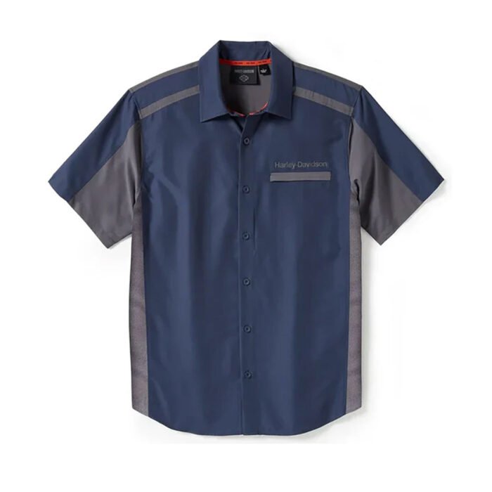 Harley-Davidson Men's H-D TECH Quick Dry Button-Up Colorblock Short Sleeve Shirt, Blue & Gray 96385-25VM - Image 1