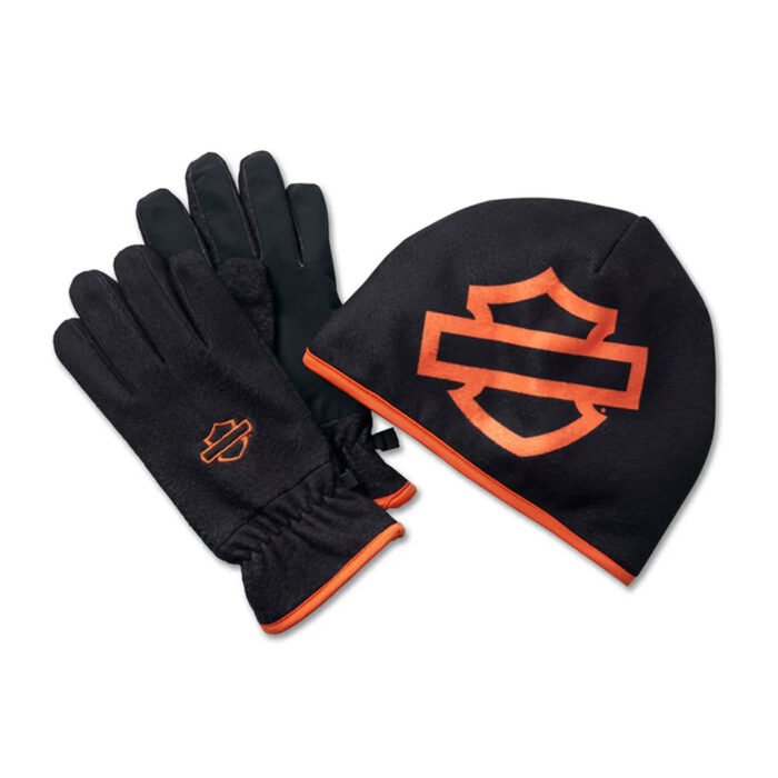 Harley-Davidson Men's Bar & Shield Fleece Beanie & Glove Gift Set, Black/Orange 97665-25VM - Image 1