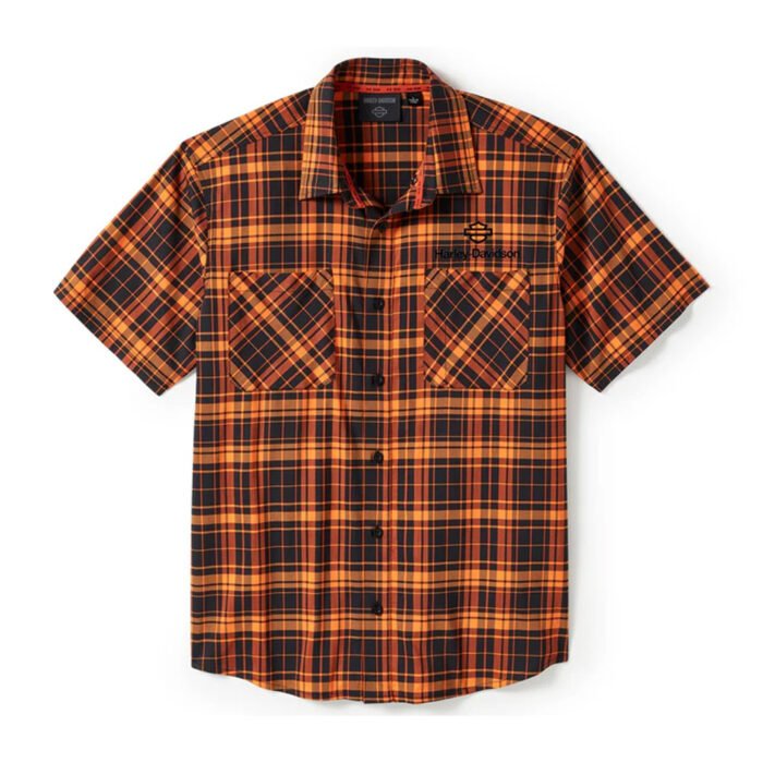 Harley-Davidson Men's H-D TECH Coolmax Button-Up Short Sleeve Shirt, Orange Plaid 96513-25VM - Image 1