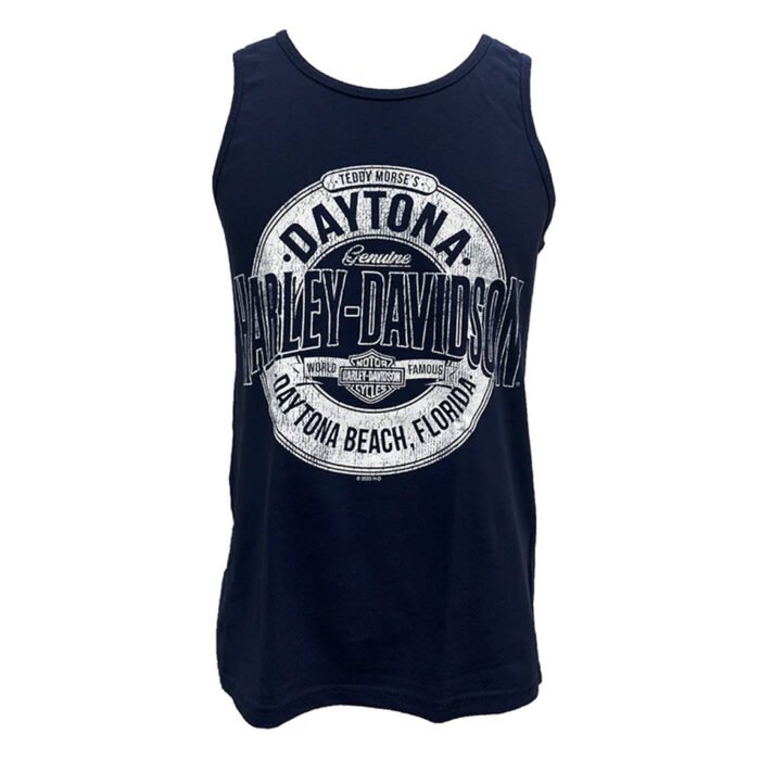 Teddy Morse's Daytona Harley-Davidson Exclusive Men's Crusader Tank Top Sleeveless Shirt, Navy Blue - Image 1