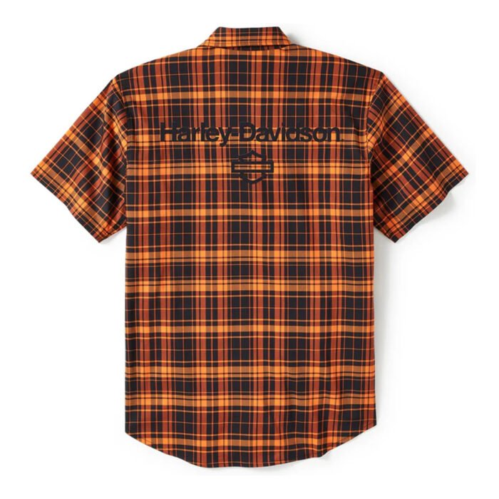 Harley-Davidson Men's H-D TECH Coolmax Button-Up Short Sleeve Shirt, Orange Plaid 96513-25VM - Image 2
