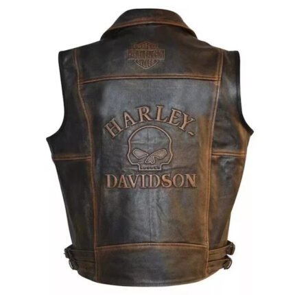 Distressed leather biker vest by Harley-Davidson, black cowhide with skull patch, snap front, side laces, rugged motorcycle style