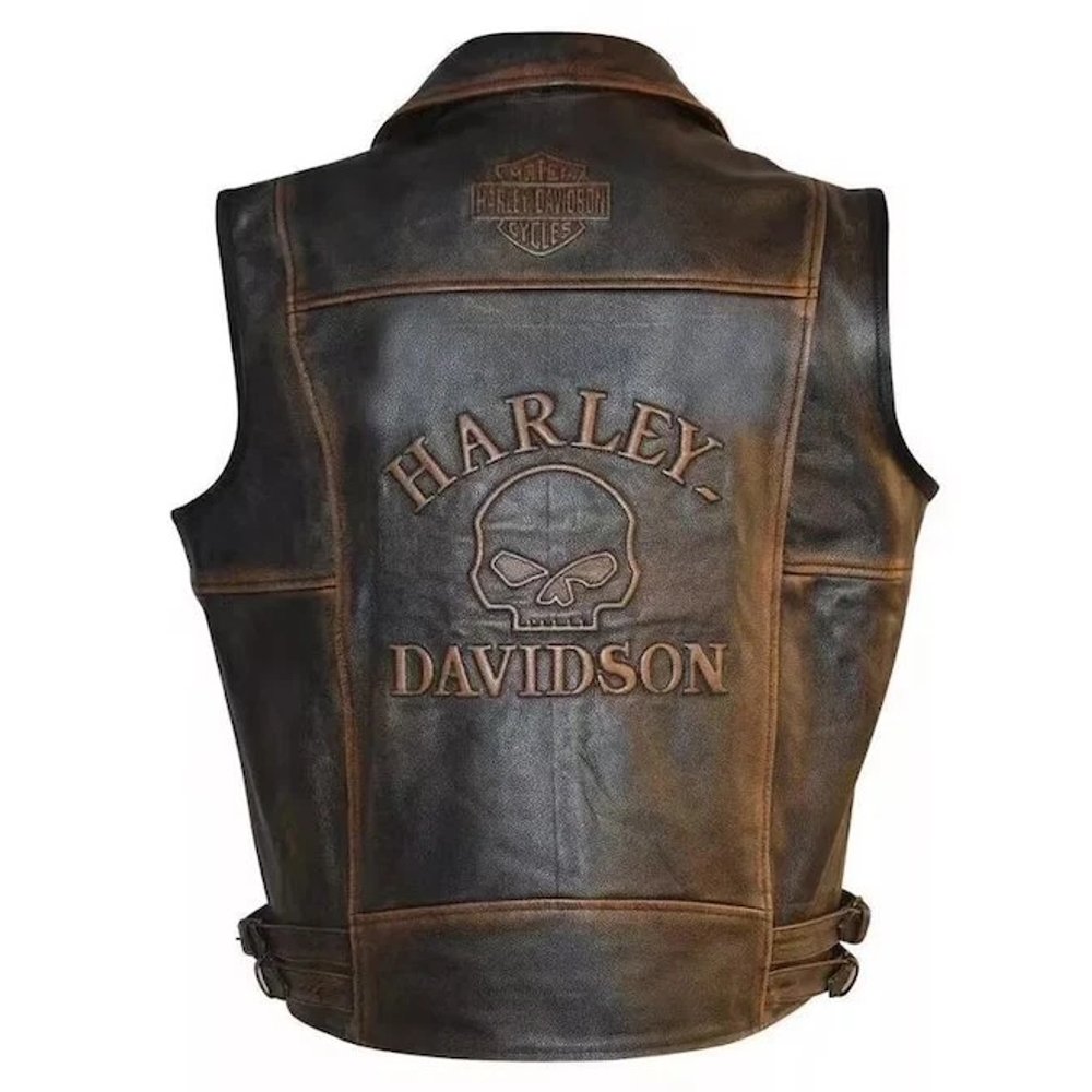 1_imresizer (1) Distressed leather biker vest by Harley-Davidson, black cowhide with skull patch, snap front, side laces, rugged motorcycle style