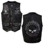 Motorcycle vest skull leather in black, Harley-Davidson with skull graphic on back, genuine cowhide, patch-ready design for men's biker style