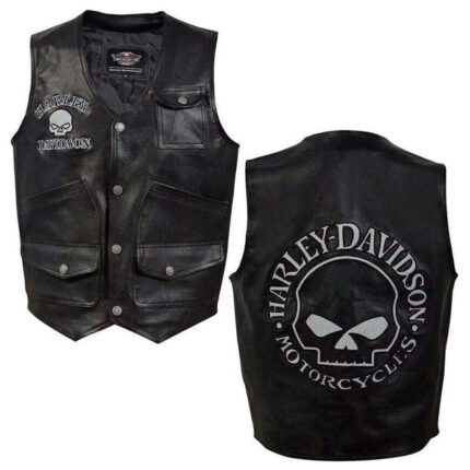 Motorcycle vest skull leather in black, Harley-Davidson with skull graphic on back, genuine cowhide, patch-ready design for men's biker style