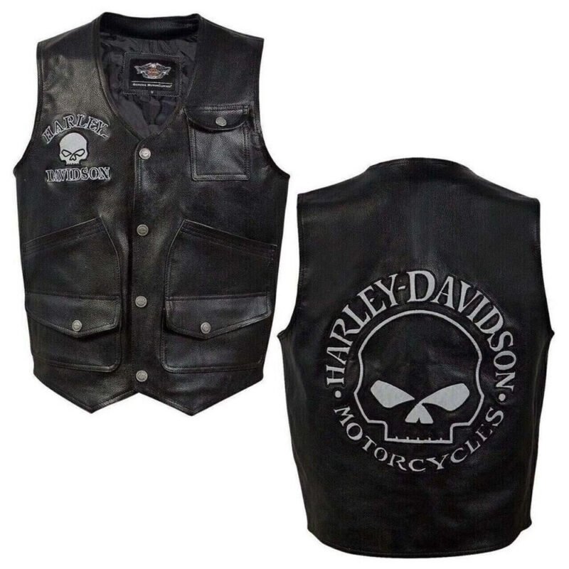 Motorcycle vest skull leather in black, Harley-Davidson with skull graphic on back, genuine cowhide, patch-ready design for men's biker style
