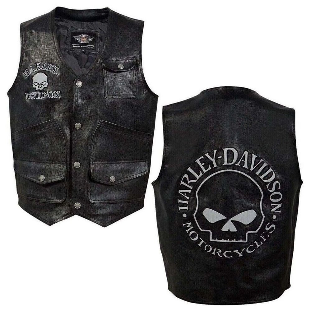 1_imresizer Motorcycle vest skull leather in black, Harley-Davidson with skull graphic on back, genuine cowhide, patch-ready design for men's biker style