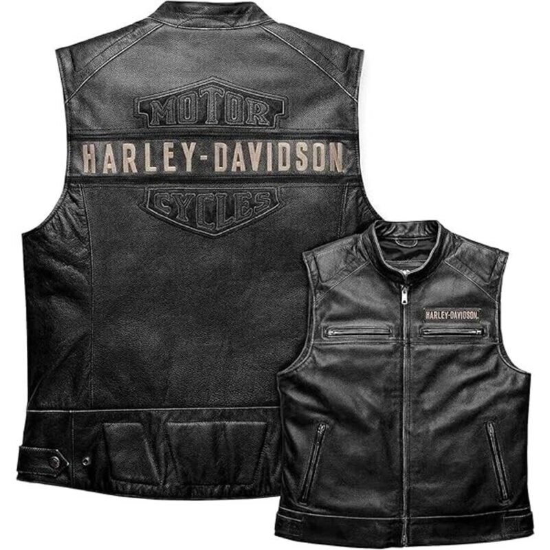Men's Harley-Davidson Leather Vest, Passing Link style, black distressed cowhide with embroidered bar-and-shield logo and oversized back graphics.