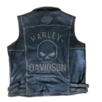Distressed Leather Biker Vest - Harley-Davidson Skull Patch Style - Image 2