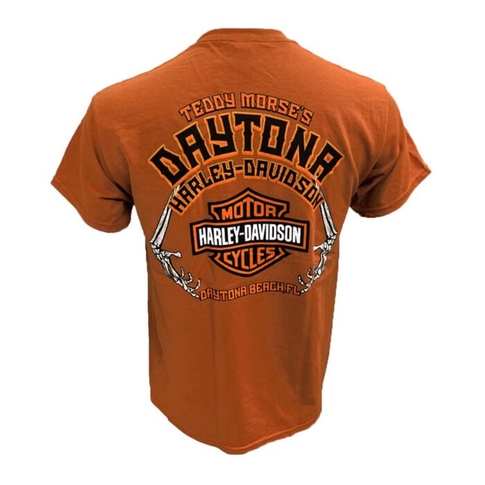 Teddy Morse's Daytona Harley-Davidson Grim Reaper Bob Men's Short Sleeve Texas Orange Shirt - Image 2