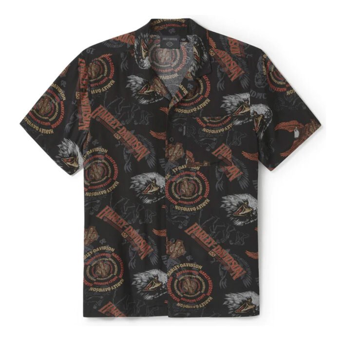 Harley-Davidson Men's '80s Aloha Allover Eagle Print Button-Up Short Sleeve Shirt, Black 96509-25VM - Image 1