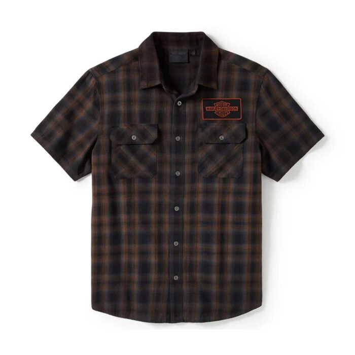 Harley-Davidson Men's Bar & Shield Patch Button-Up Short Sleeve Shirt, Amber Brown 96503-25VM - Image 1