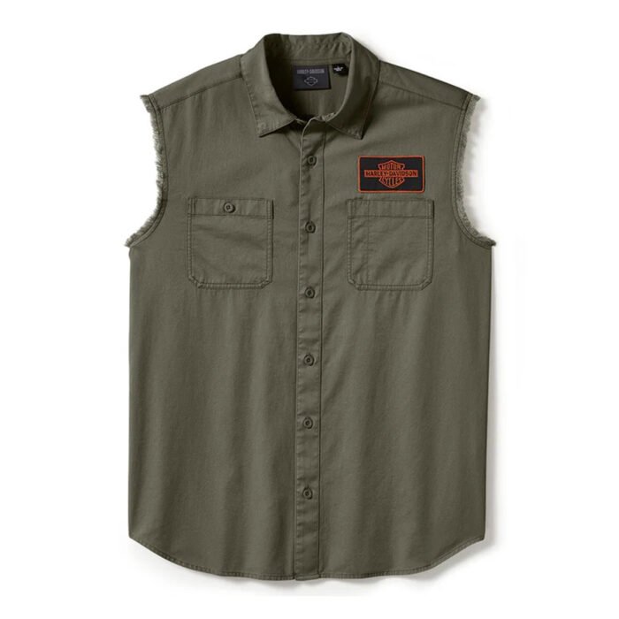 Harley-Davidson Men's V-Twin Button-Up Equipped Solid Blowout Sleeves Shirt, Green 96497-25VM - Image 1