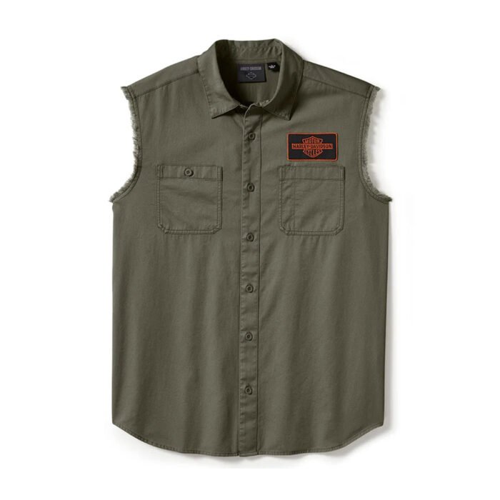 Harley-Davidson Men's V-Twin Button-Up Equipped Solid Blowout Sleeves Shirt, Green 96497-25VM - Image 1