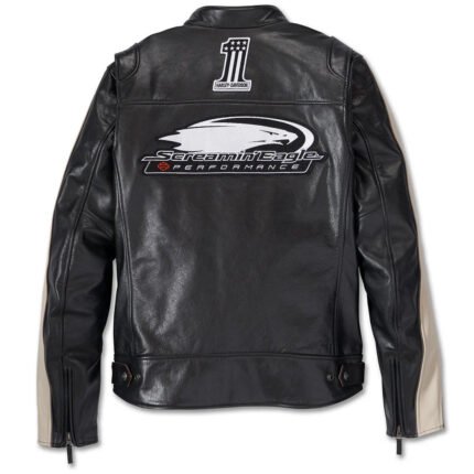 Men's Harley-Davidson Eagle Jacket in black Buffalo leather with Screamin' Eagle embroidery, 3M reflective piping, and CE-approved D3O armor for motorcycle riding.