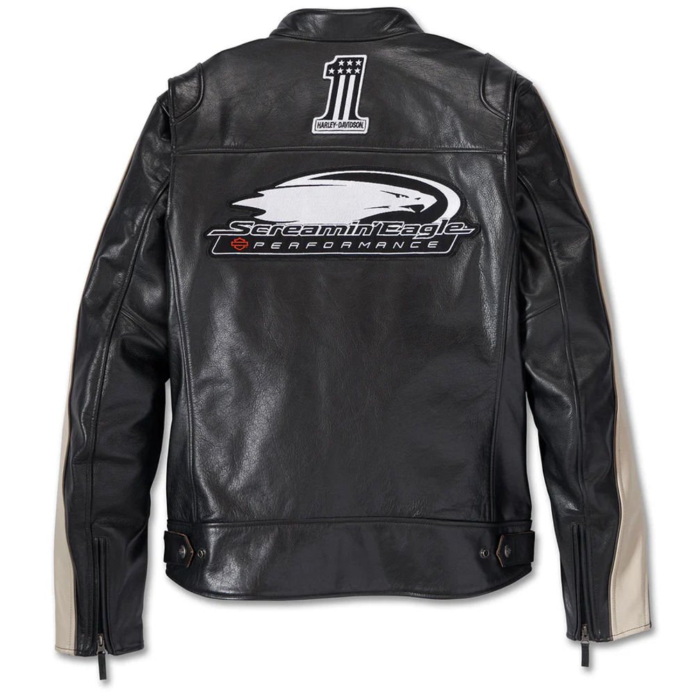 97053-23vm_b_imresizer Men's Harley-Davidson Eagle Jacket in black Buffalo leather with Screamin' Eagle embroidery, 3M reflective piping, and CE-approved D3O armor for motorcycle riding.