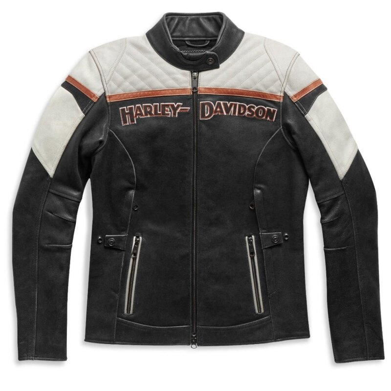 Women's Triple Vent Jacket in white, black, and orange by Harley-Davidson, featuring distressed cowhide leather and patented ventilation system