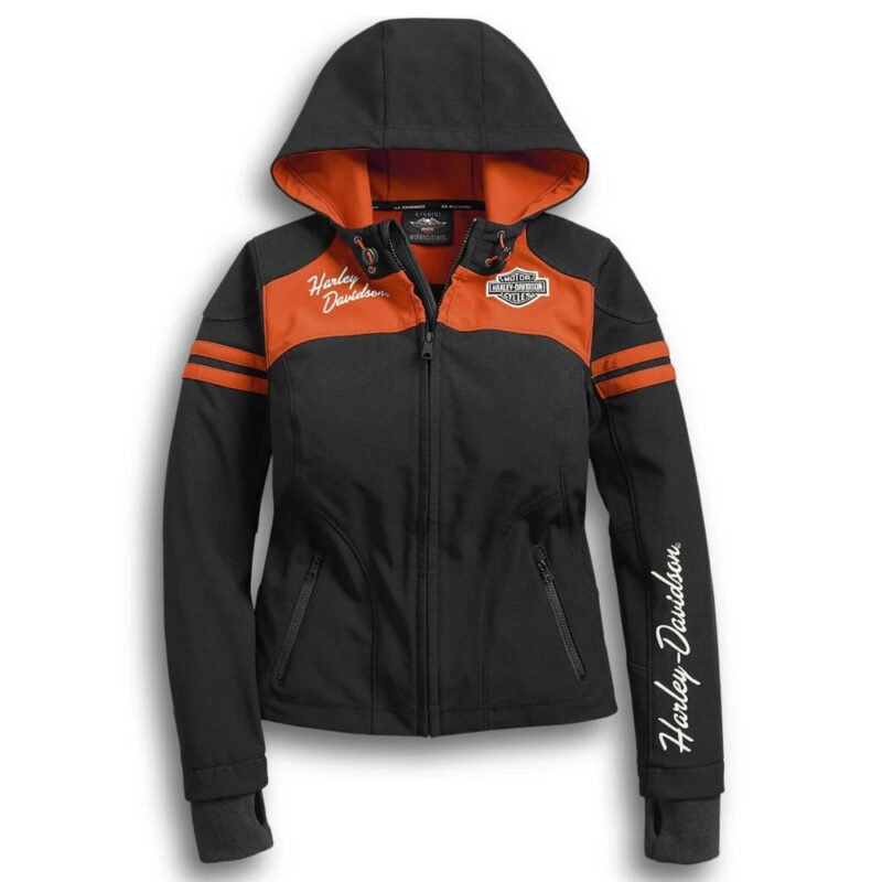Harley-Davidson Women Soft Shell Jacket in black and orange with stretch fabric and hood