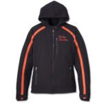 Soft Shell Women Jacket by Harley-Davidson, Miss Enthusiast 3-In-1 in Black/Orange, featuring a zip-up soft shell with adjustable cuffs and a detachable fleece hoodie.