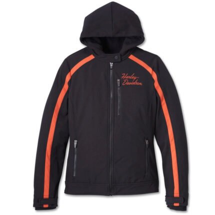 Soft Shell Women Jacket by Harley-Davidson, Miss Enthusiast 3-In-1 in Black/Orange, featuring a zip-up soft shell with adjustable cuffs and a detachable fleece hoodie.