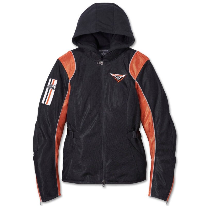 Cora Mesh 2.0 Jacket in black with orange accents, featuring breathable mesh and Harley-Davidson branding for women's motorcycle riding.