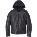 Women's Leather 3-in-1 Jacket, Harley-Davidson Miss Enthusiast 2.0 in Black, featuring durable buffalo leather, a removable hoodie, and reflective piping for rider safety and style.