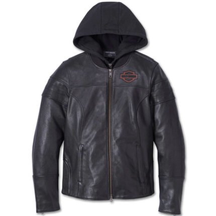 Women's Leather 3-in-1 Jacket, Harley-Davidson Miss Enthusiast 2.0 in Black, featuring durable buffalo leather, a removable hoodie, and reflective piping for rider safety and style.