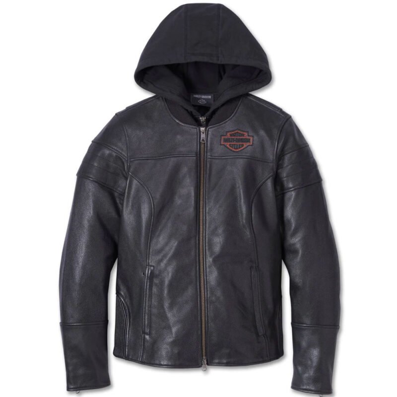 Women's Leather 3-in-1 Jacket, Harley-Davidson Miss Enthusiast 2.0 in Black, featuring durable buffalo leather, a removable hoodie, and reflective piping for rider safety and style.