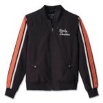 Women's Harley-Davidson Black/Orange Stripe Bomber Jacket with rib-knit collar and embroidered logo.