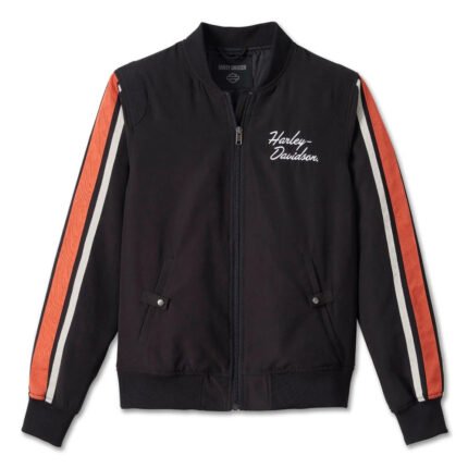 Women's Harley-Davidson Black/Orange Stripe Bomber Jacket with rib-knit collar and embroidered logo.