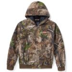 Realtree Women's Jacket by Harley-Davidson (#97433-25VW) in APG camo, featuring a quilted hood, long sleeves with rib-knit trim, and heavyweight cotton canvas with Bar & Shield embroidery.