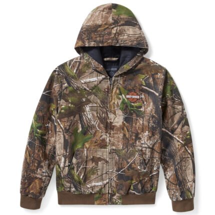Realtree Women's Jacket by Harley-Davidson (#97433-25VW) in APG camo, featuring a quilted hood, long sleeves with rib-knit trim, and heavyweight cotton canvas with Bar & Shield embroidery.