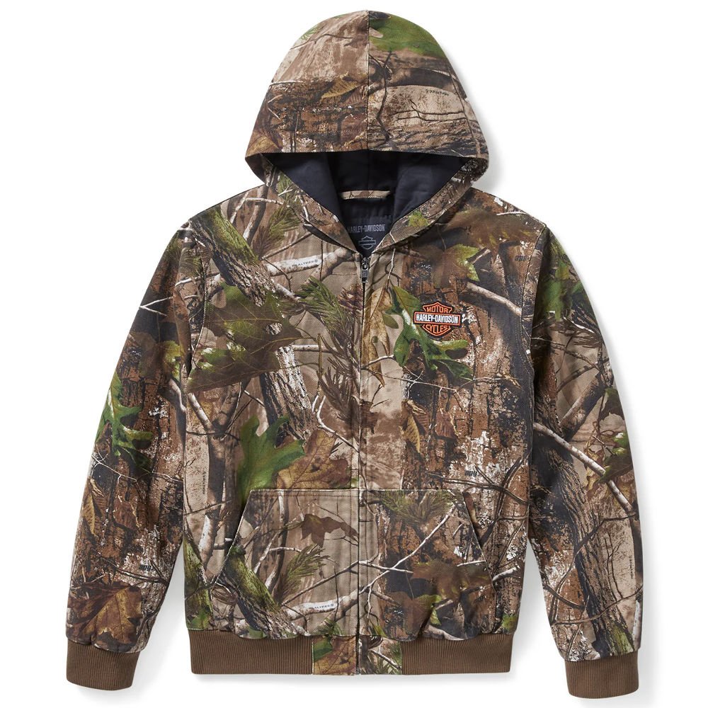 1_imresizer (3) Realtree Women's Jacket by Harley-Davidson (#97433-25VW) in APG camo, featuring a quilted hood, long sleeves with rib-knit trim, and heavyweight cotton canvas with Bar & Shield embroidery.