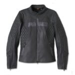 Women's riding leather jacket by Harley-Davidson, black Willie G Skull Graphic model (98005-25VW), crafted from midweight cowhide with reflective embroidery and underarm ventilation.