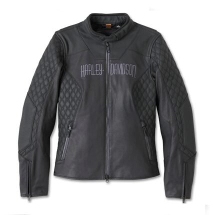 Women's riding leather jacket by Harley-Davidson, black Willie G Skull Graphic model (98005-25VW), crafted from midweight cowhide with reflective embroidery and underarm ventilation.