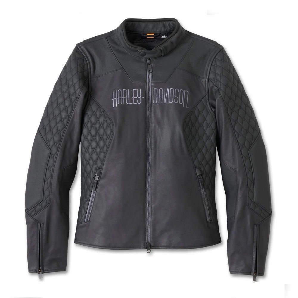 1_imresizer (4) Women's riding leather jacket by Harley-Davidson, black Willie G Skull Graphic model (98005-25VW), crafted from midweight cowhide with reflective embroidery and underarm ventilation.
