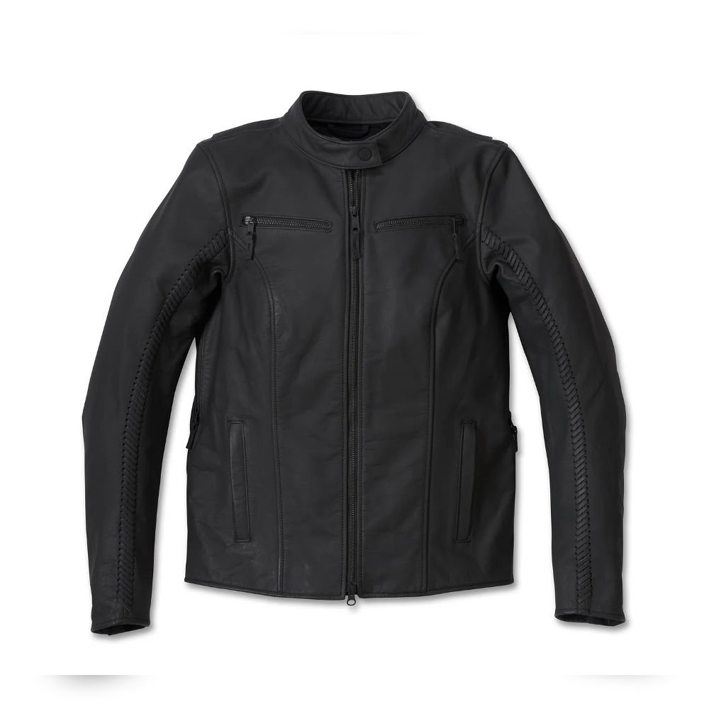 1_imresizer (5) Women's black Harley-Davidson Moxie Willie G. Skull Leather Riding Jacket with skull graphic and laced sleeves