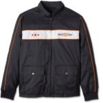 Women's Coaches Jacket, Harley-Davidson Three Stars Zip-Up in Black, featuring white contrast piping and racing-inspired embroidery, shown on a white background.