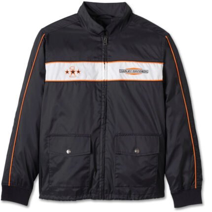 Women's Coaches Jacket, Harley-Davidson Three Stars Zip-Up in Black, featuring white contrast piping and racing-inspired embroidery, shown on a white background.