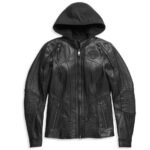 Women's Harley-Davidson Leather Jacket, Willie G. Skull Auroral II 3-in-1 in Black, with reflective skull graphics, CE armor, and removable fleece hoodie liner.
