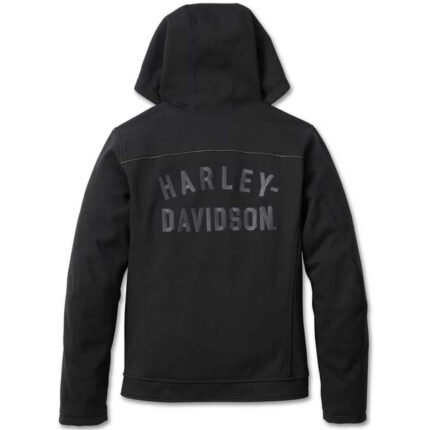 Women's Hooded Fleece Jacket in black by Harley-Davidson, model 98112-23VW, with reflective piping and windproof design for riding.