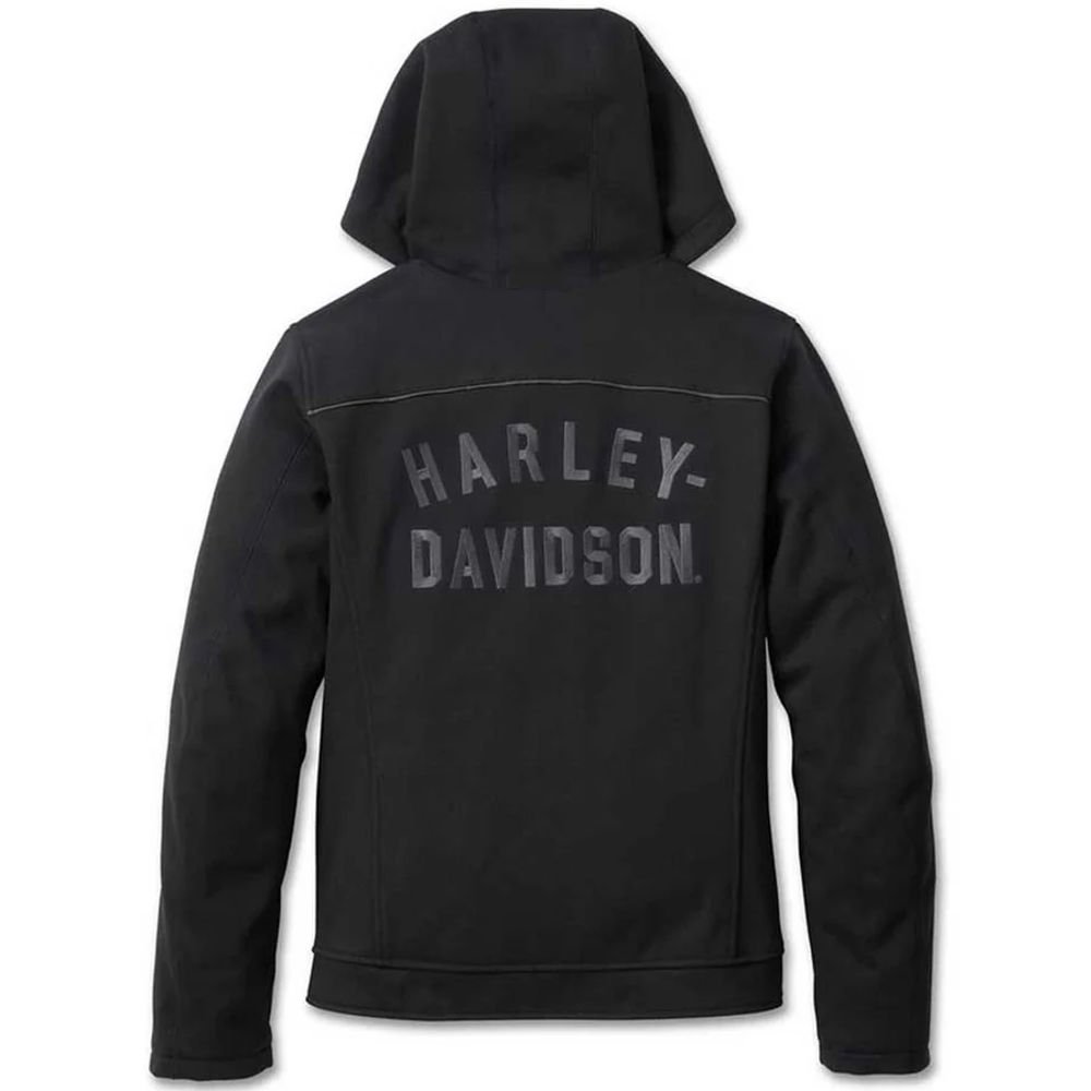 2_imresizer Women's Hooded Fleece Jacket in black by Harley-Davidson, model 98112-23VW, with reflective piping and windproof design for riding.