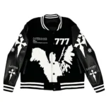777 Varsity Jacket - Premium Black Wool & Leather Letterman Jacket with Chenille 777 Patch