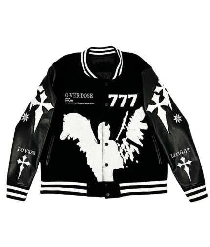 777 Varsity Jacket - Premium Black Wool & Leather Letterman Jacket with Chenille 777 Patch