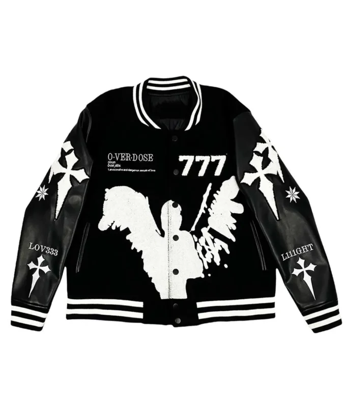 777 Varsity Jacket - Premium Black Wool & Leather Letterman Jacket with Chenille 777 Patch
