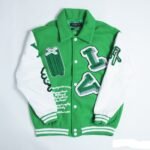 Louis Vuitton varsity jacket front view featuring LV logo and chenille patches