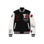 Playboy X Varsity Jacket front view featuring black wool body, white leather sleeves and embroidered Playboy bunny logo
