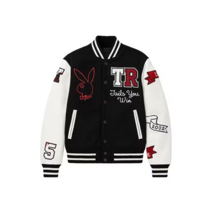 Playboy X Varsity Jacket front view featuring black wool body, white leather sleeves and embroidered Playboy bunny logo