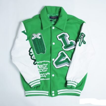 Louis Vuitton varsity jacket front view featuring LV logo and chenille patches
